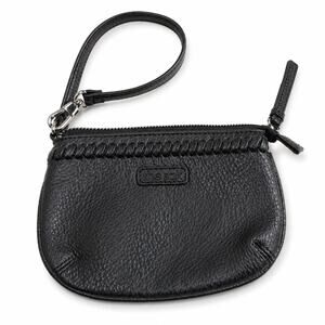 Bebe Black Pebbled Leather Zip Wristlet Pouch Clutch Leopard Print Lining